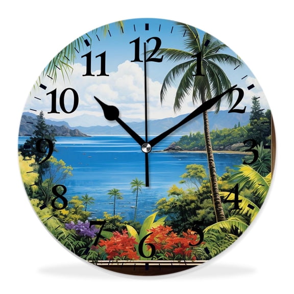14 Inch Wall Clock Battery Operated Silent Clock Decorative for Office, Kitchen, Outdoor, Living Room，Tropical Sea Palms and Exotic Village Scene Exquisite