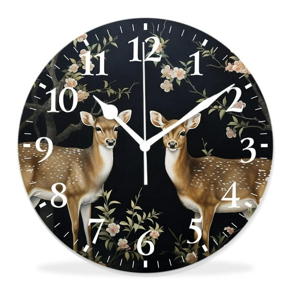 14 Inch Wall Clock Battery Operated Silent Clock Decorative for Office, Kitchen, Outdoor, Living RoomWatercolor Deer Tree of Life Antler Leaf Branch Butterfly Hipster Painting