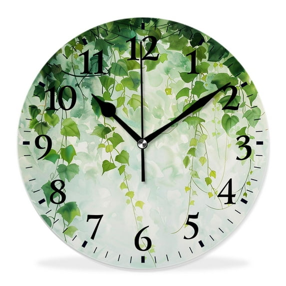 14 Inch Wall Clock Battery Operated Silent Clock Decorative for Office, Kitchen, Outdoor, Living Room,Watercolor Green Floral Leaves Branch Plant Natural