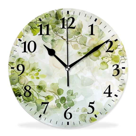 14 Inch Wall Clock Battery Operated Silent Clock Decorative for Office, Kitchen, Outdoor, Living Room,Watercolor Green Floral Leaves Branch Plants Fantastic