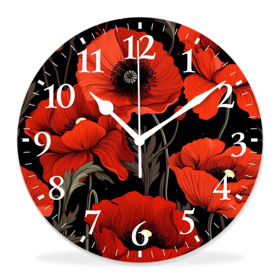14 Inch Wall Clock Battery Operated Silent Clock Decorative for Office, Kitchen, Outdoor, Living RoomWatercolor Red Poppy Flower Botanical Floral Plant Pattern Art