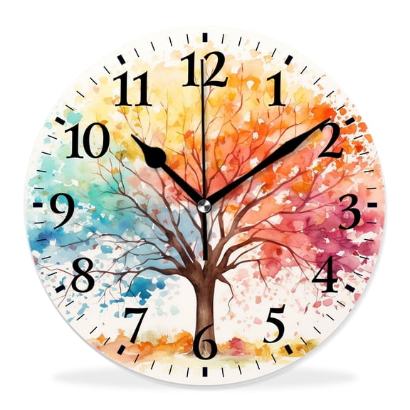 14 Inch Wall Clock Battery Operated Silent Clock Decorative for Office, Kitchen, Outdoor, Living RoomWatercolor Tree of Life Hand Painted Colorful Four Seasons Tree Beautiful