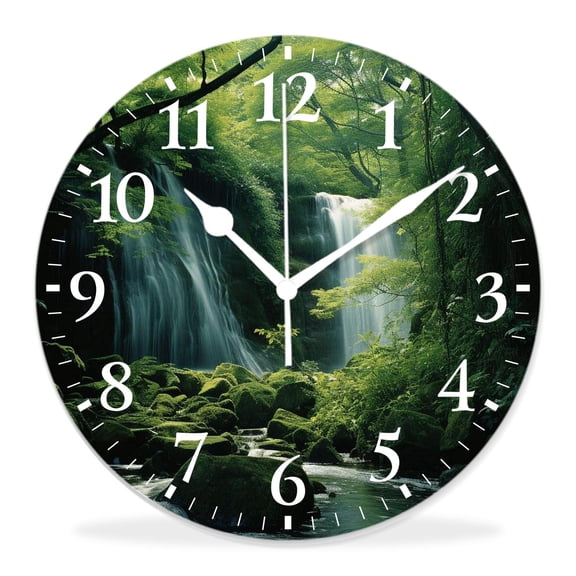 14 Inch Wall Clock Battery Operated Silent Clock Decorative for Office, Kitchen, Outdoor, Living RoomWaterfall Waterfalls Surrounded by Black Rocks Pattern