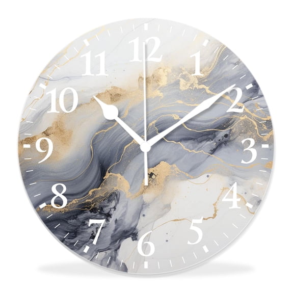 14 Inch Wall Clock Battery Operated Silent Clock Decorative for Office, Kitchen, Outdoor, Living Room,White Marble Print with Gold Glitter Pattern Painting