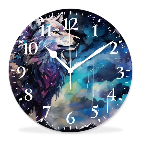14 Inch Wall Clock Battery Operated Silent Clock Decorative for Office, Kitchen, Outdoor, Living Room，Wolf Bird in Night Starry Blue Misty forest Modern Drawing