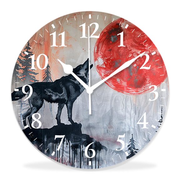 14 Inch Wall Clock Battery Operated Silent Clock Decorative for Office, Kitchen, Outdoor, Living Room，Wolf Full Moon Blue Night Galaxy Starry Sky Simple