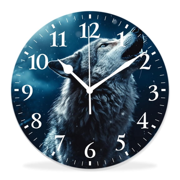 14 Inch Wall Clock Battery Operated Silent Clock Decorative for Office, Kitchen, Outdoor, Living RoomWolves Silhouette Howling Blue Starry Sky Full Moon Galaxy Creative