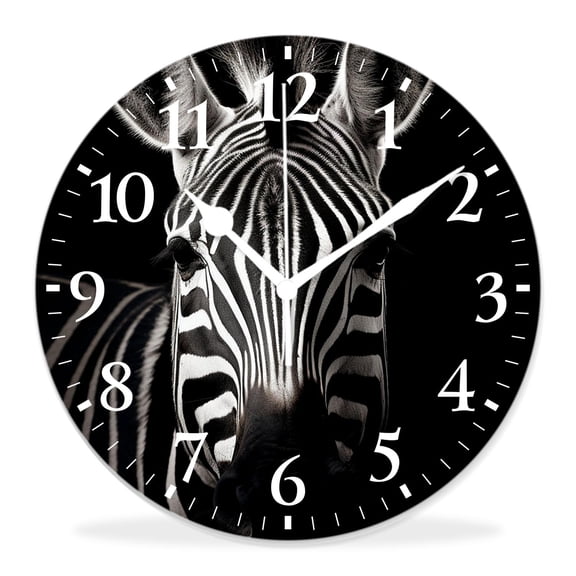 14 Inch Wall Clock Battery Operated Silent Clock Decorative for Office, Kitchen, Outdoor, Living RoomZebra Head Wild Animal with Black White Striped on Black Creative