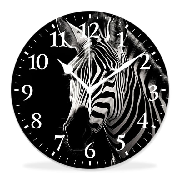 14 Inch Wall Clock Battery Operated Silent Clock Decorative for Office, Kitchen, Outdoor, Living RoomZebra Head Wild Animal with Black White Striped on Black Creative