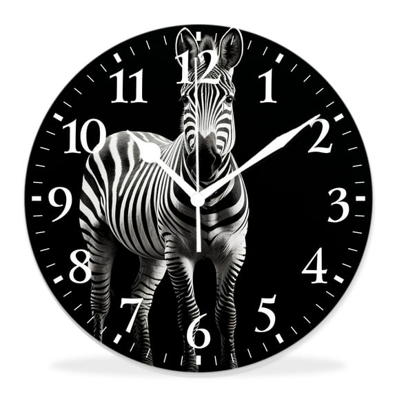 14 Inch Wall Clock Battery Operated Silent Clock Decorative for Office, Kitchen, Outdoor, Living RoomZebra Head Wild Animal with Black White Striped on Black Design