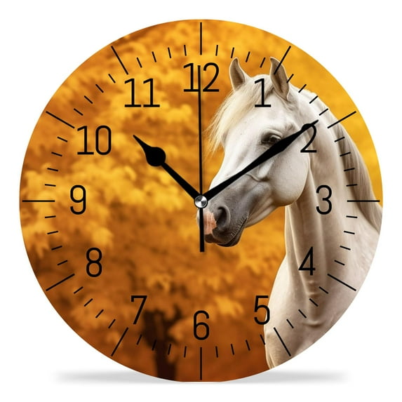 14 Inch Wall Clock Battery Operated Silent Clock Decorative for Office, Kitchen, Outdoor, Living Room,A Horse on Autumn Background Exquisite Art