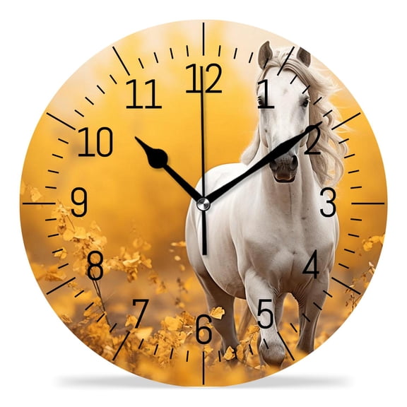 14 Inch Wall Clock Battery Operated Silent Clock Decorative for Office, Kitchen, Outdoor, Living RoomA Horse on Autumn Background Image