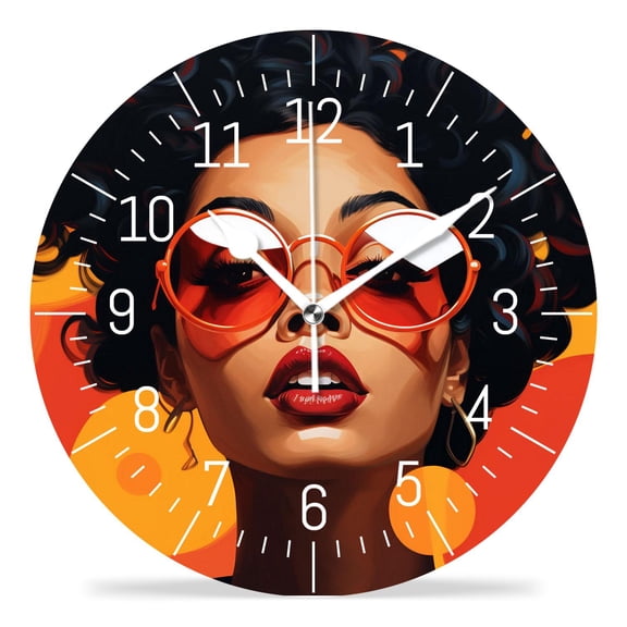 14 Inch Wall Clock Battery Operated Silent Clock Decorative for Office, Kitchen, Outdoor, Living Room，African American Curly Hair Woman Peace Picture