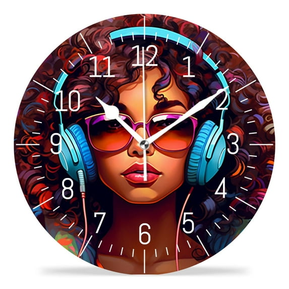 14 Inch Wall Clock Battery Operated Silent Clock Decorative for Office, Kitchen, Outdoor, Living Room,African American Woman Music Art