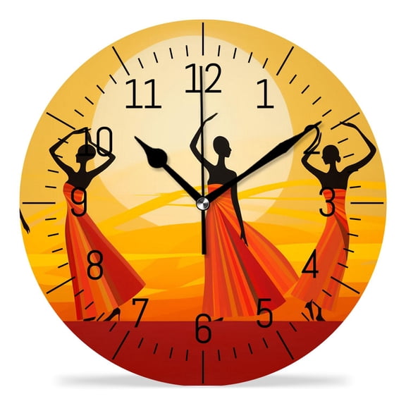 14 Inch Wall Clock Battery Operated Silent Clock Decorative for Office, Kitchen, Outdoor, Living RoomAfrican Dancer Women Africa Style Illustration
