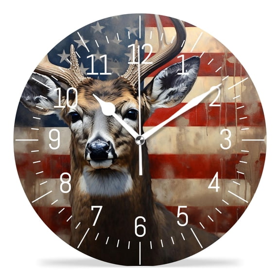 14 Inch Wall Clock Battery Operated Silent Clock Decorative for Office, Kitchen, Outdoor, Living RoomAmerican Flag Deer Forest Beautiful