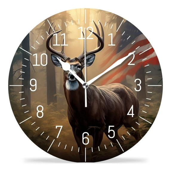 14 Inch Wall Clock Battery Operated Silent Clock Decorative for Office, Kitchen, Outdoor, Living Room,American Flag Deer Forest Elegant Pattern