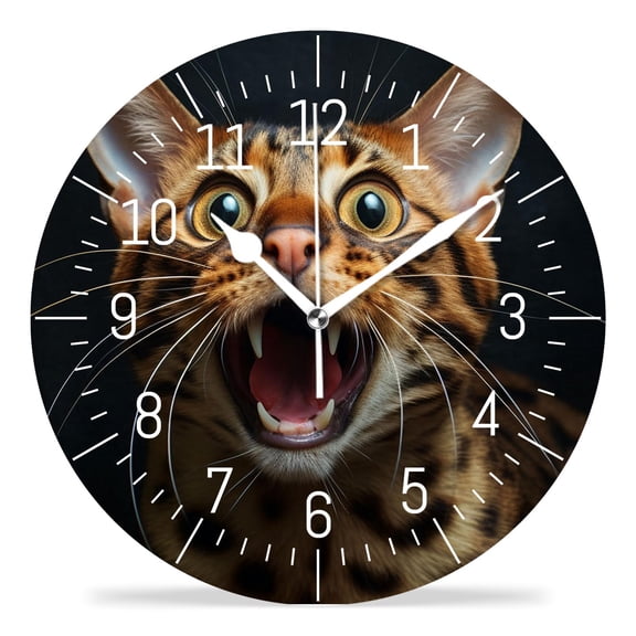14 Inch Wall Clock Battery Operated Silent Clock Decorative for Office, Kitchen, Outdoor, Living RoomAngry Bengal Cat Art