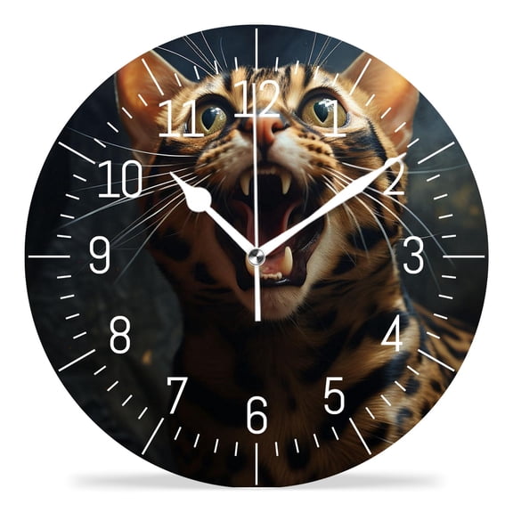 14 Inch Wall Clock Battery Operated Silent Clock Decorative for Office, Kitchen, Outdoor, Living RoomAngry Bengal Cat Multicolor