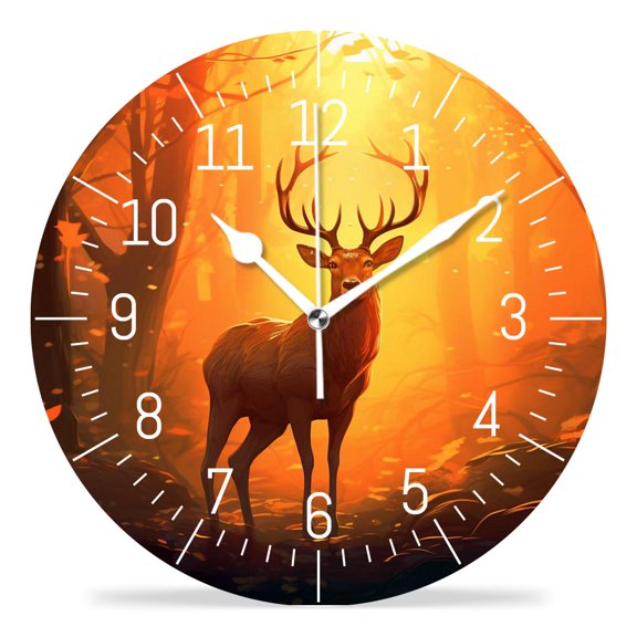 14 Inch Wall Clock Battery Operated Silent Clock Decorative for Office, Kitchen, Outdoor, Living RoomAntlers Hugging Sunset Silhouette Design