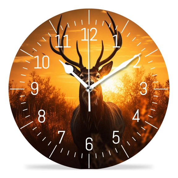 14 Inch Wall Clock Battery Operated Silent Clock Decorative for Office, Kitchen, Outdoor, Living RoomAntlers Hugging Sunset Silhouette Drawing