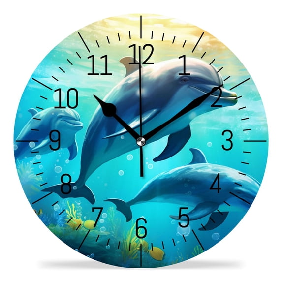 14 Inch Wall Clock Battery Operated Silent Clock Decorative for Office, Kitchen, Outdoor, Living Room，Beautiful Dolphin Ocean Sea Coral Reef Style