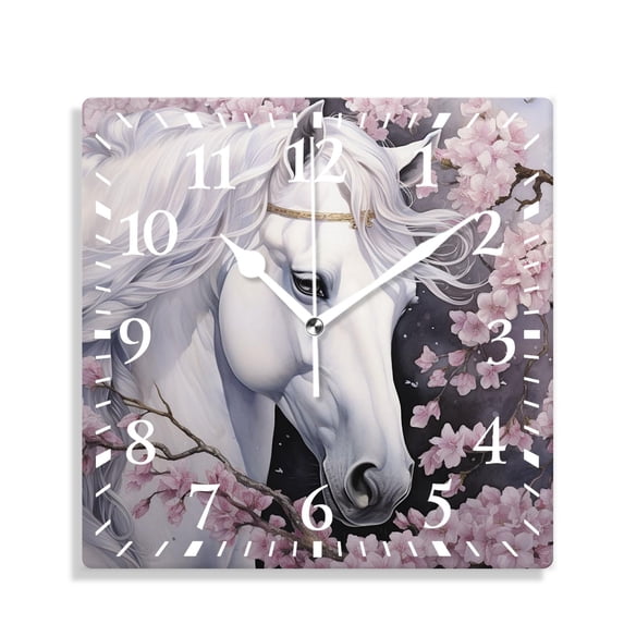 14 Inch Wall Clock Battery Operated Silent Clock Decorative for Office, Kitchen, Outdoor, Living Room，Beautiful Horse with Cherry Blossom