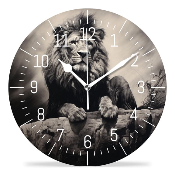 14 Inch Wall Clock Battery Operated Silent Clock Decorative for Office, Kitchen, Outdoor, Living RoomBeautiful Lion Artwork Black Art