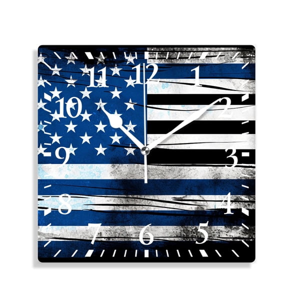 14 Inch Wall Clock Battery Operated Silent Clock Decorative for Office, Kitchen, Outdoor, Living Room，Black Flag with Police Blue Line Cute Drawing