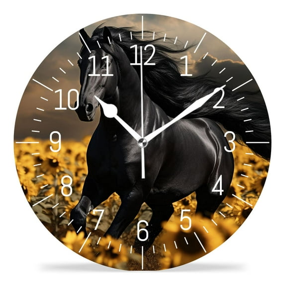 14 Inch Wall Clock Battery Operated Silent Clock Decorative for Office, Kitchen, Outdoor, Living Room，Black Horse Sunflowers Art