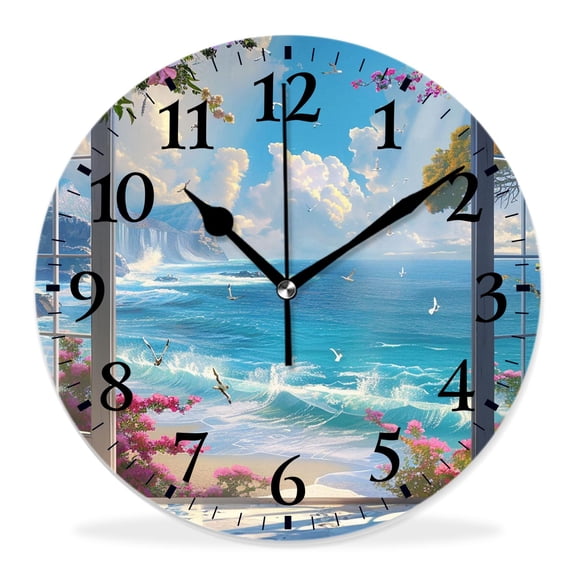 14 Inch Wall Clock Battery Operated Silent Clock Decorative for Office, Kitchen, Outdoor, Living Room，Blue Sea Beach Ocean Delicate