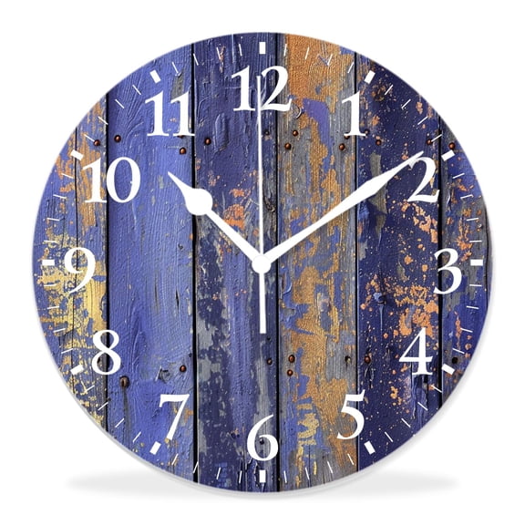 14 Inch Wall Clock Battery Operated Silent Clock Decorative for Office, Kitchen, Outdoor, Living Room，Brown Planks Wooden Blue Lovely