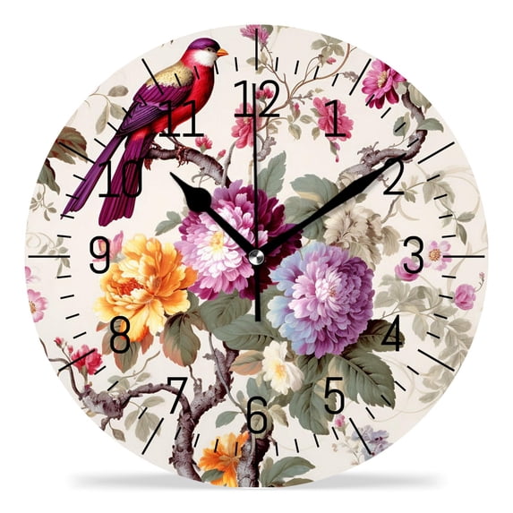 14 Inch Wall Clock Battery Operated Silent Clock Decorative for Office, Kitchen, Outdoor, Living Room,Butterfly Bird Flower Floral Print Creative