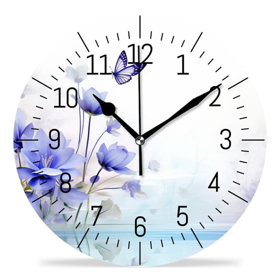 14 Inch Wall Clock Battery Operated Silent Clock Decorative for Office, Kitchen, Outdoor, Living Room，Butterfly Purple Flower Multicolor