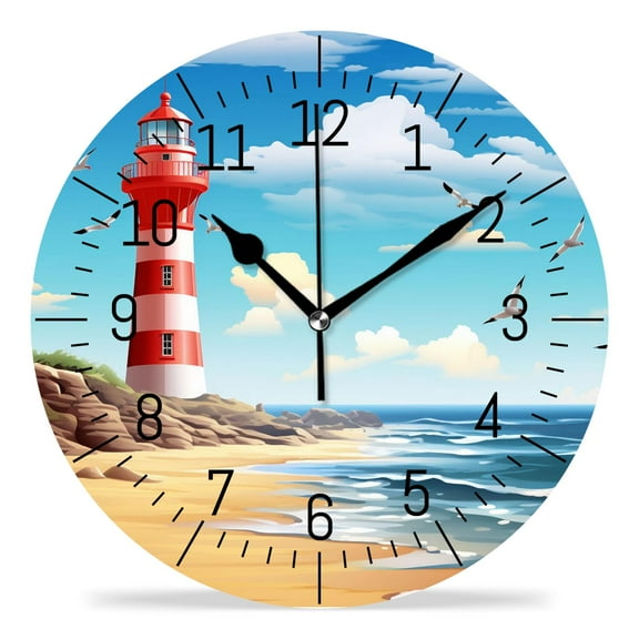 14 Inch Wall Clock Battery Operated Silent Clock Decorative for Office, Kitchen, Outdoor, Living RoomCartoon Lighthouse on The Beach Pattern
