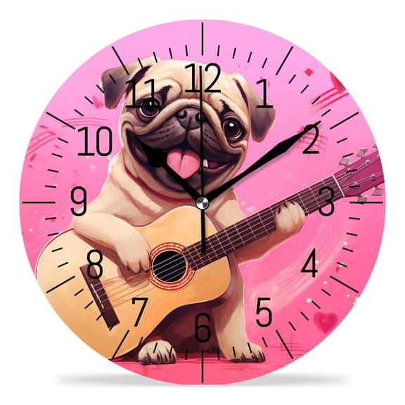14 Inch Wall Clock Battery Operated Silent Clock Decorative for Office, Kitchen, Outdoor, Living RoomCartoon Puppy Pug Dog with Crown Exquisite