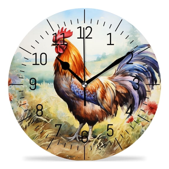 14 Inch Wall Clock Battery Operated Silent Clock Decorative for Office, Kitchen, Outdoor, Living Room,Chicken Rooster Grass Vintage Style