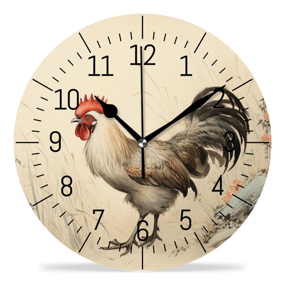 14 Inch Wall Clock Battery Operated Silent Clock Decorative for Office, Kitchen, Outdoor, Living Room，Chinese Rooster Oil Painting Watercolor Design