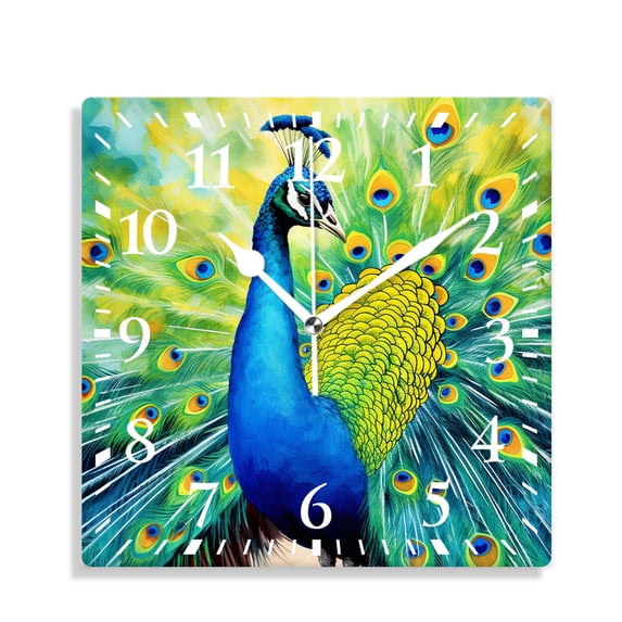 14 Inch Wall Clock Battery Operated Silent Clock Decorative for Office, Kitchen, Outdoor, Living Room,Colorful Peacock Tail Feathers Exquisite Art