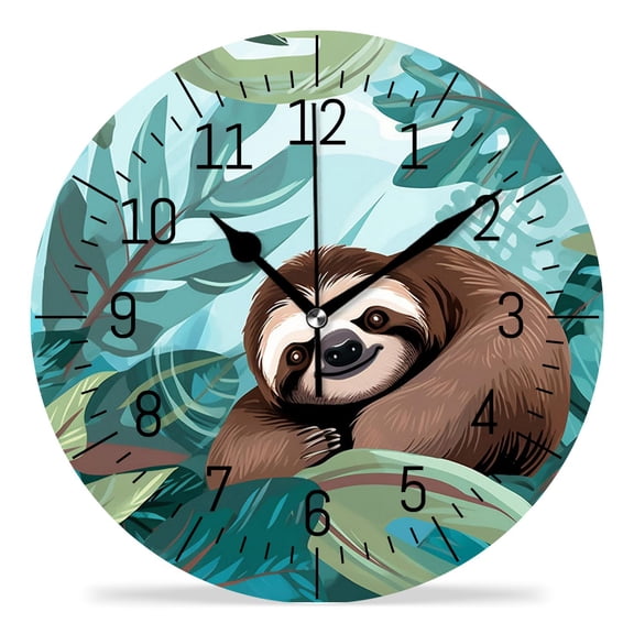 14 Inch Wall Clock Battery Operated Silent Clock Decorative for Office, Kitchen, Outdoor, Living RoomCute Sloth Baby in Tropical Forest