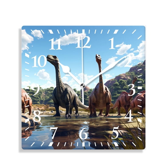 14 Inch Wall Clock Battery Operated Silent Clock Decorative for Office, Kitchen, Outdoor, Living RoomDinosaur Play Scene