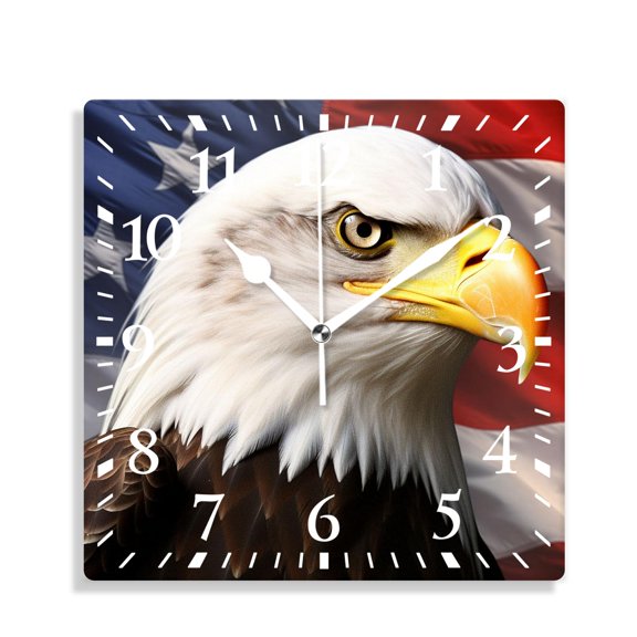 14 Inch Wall Clock Battery Operated Silent Clock Decorative for Office, Kitchen, Outdoor, Living RoomEagle Face and Usa Flag Drawing
