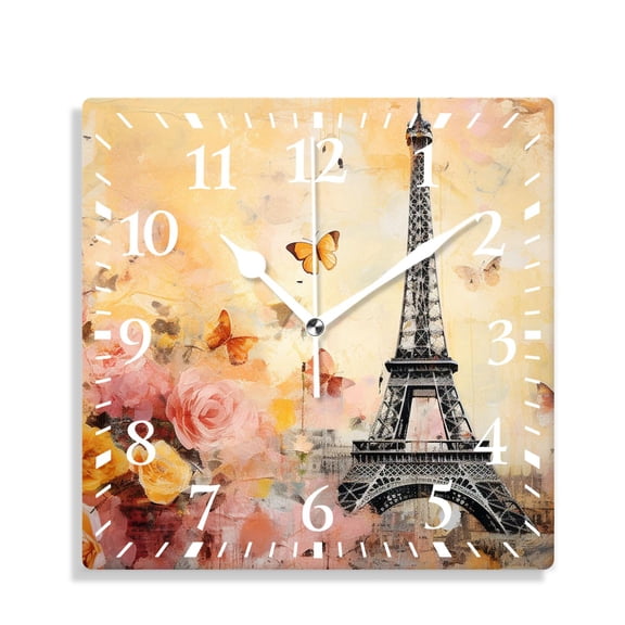 14 Inch Wall Clock Battery Operated Silent Clock Decorative for Office, Kitchen, Outdoor, Living RoomEiffel Tower Watercolor Butterfly Rose Drawing