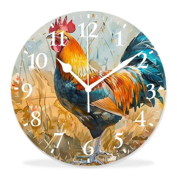 14 Inch Wall Clock Battery Operated Silent Clock Decorative for Office, Kitchen, Outdoor, Living Room,Farm Bird Rooster Flower Watercolor Chic