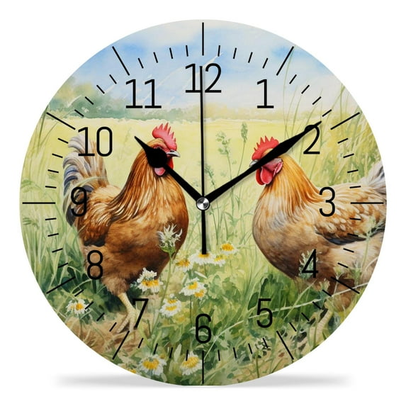 14 Inch Wall Clock Battery Operated Silent Clock Decorative for Office, Kitchen, Outdoor, Living Room,Farm Bird Rooster Flower Watercolor Print