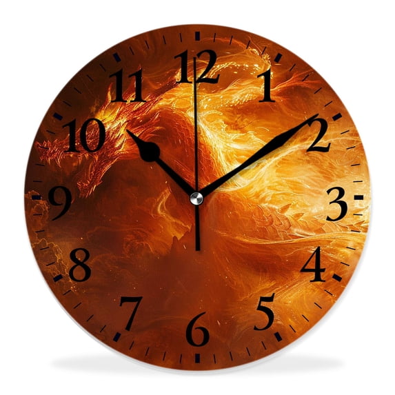 14 Inch Wall Clock Battery Operated Silent Clock Decorative for Office, Kitchen, Outdoor, Living Room,Fire Dragon with Fire Flames Stunning