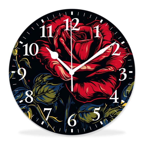 14 Inch Wall Clock Battery Operated Silent Clock Decorative for Office, Kitchen, Outdoor, Living RoomFire Flame Rose Tattoo Flower Floral Exquisite