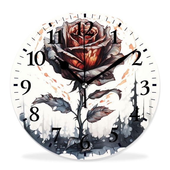14 Inch Wall Clock Battery Operated Silent Clock Decorative for Office, Kitchen, Outdoor, Living RoomFire Flame Rose Tattoo Flower Floral Painting
