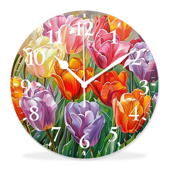 14 Inch Wall Clock Battery Operated Silent Clock Decorative for Office, Kitchen, Outdoor, Living Room,Floral Flower Tulips Blossom Charming