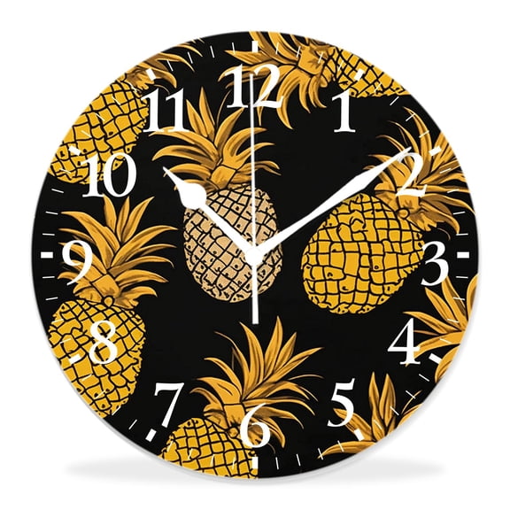 14 Inch Wall Clock Battery Operated Silent Clock Decorative for Office, Kitchen, Outdoor, Living RoomFruits Gold Pineapples Black Exquisite